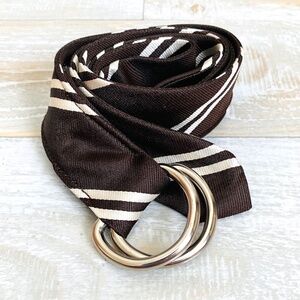 J Crew D Ring Silk Ribbon Belt Size Small Medium Brown White Diagonal Stripe